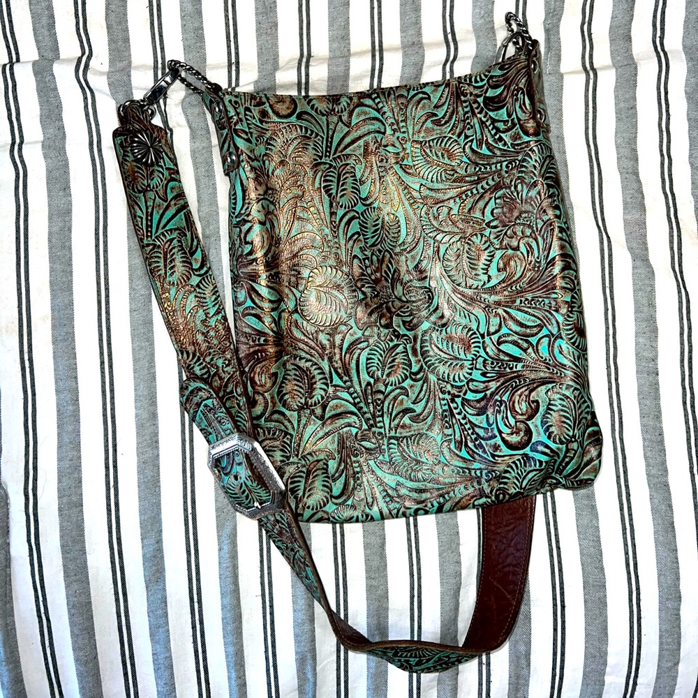 Leather tooled turquoise crossbody purse